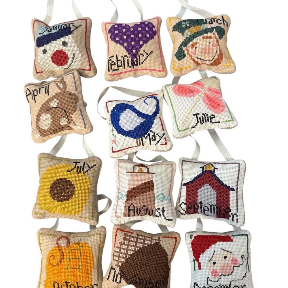 Handmade Cross-Stitch Monthly Ornament Set - Colorful Calendar Motifs
